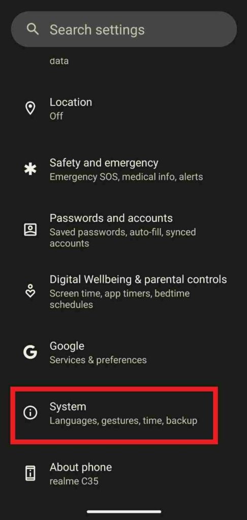 android setting system option