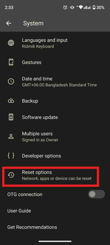 andriod setting system then reset option